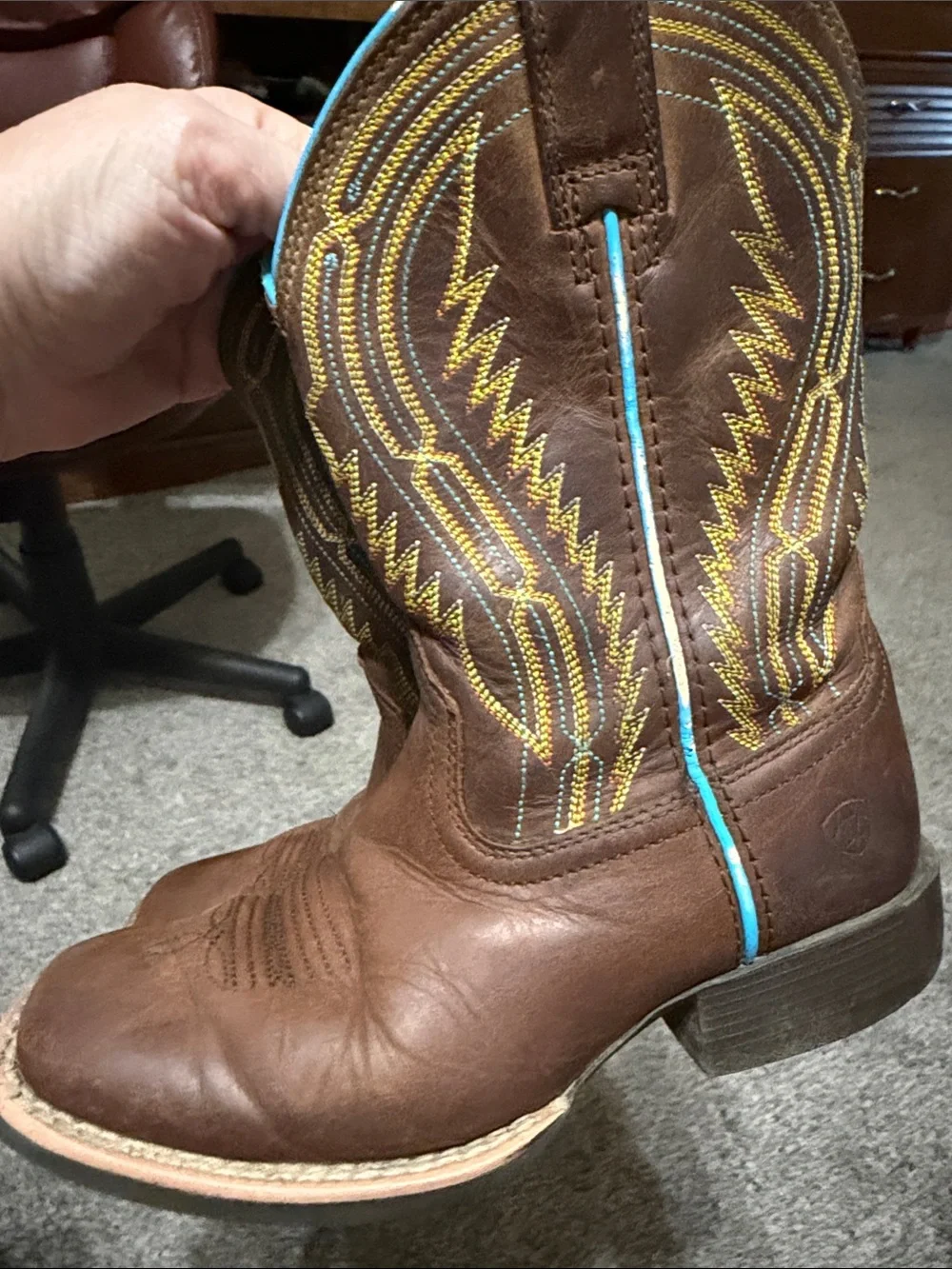 ARIAT Children’s Chute Boss Brown Leather Square toe Cowboy Boots Size US 12.5